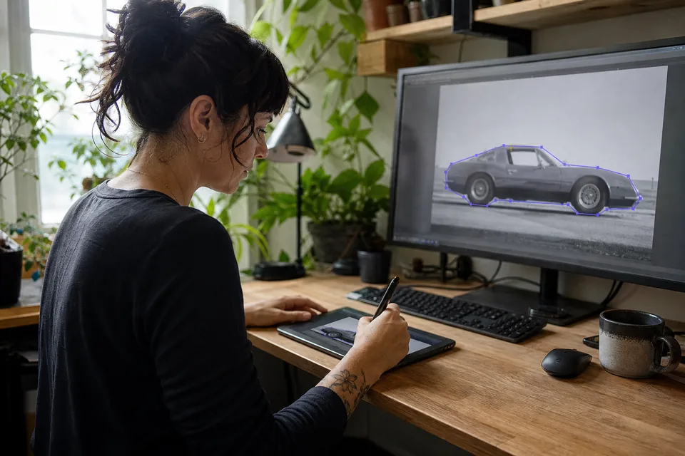 Annotator at a home desk drawing outlines on a photo with a pen tablet, second monitor showing a list