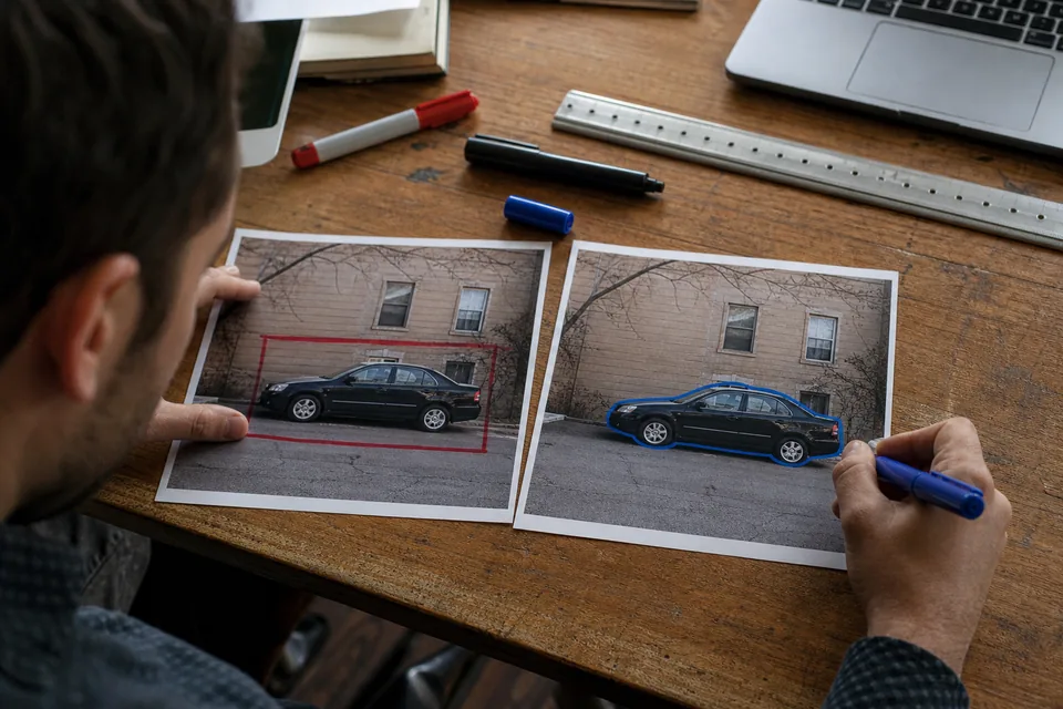 Two printed photos of the same car on a desk, one with a rectangle drawn on it and one with the outline traced in marker