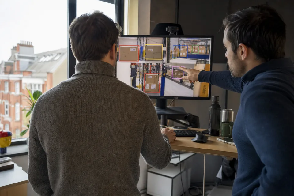 Head of a computer vision team at a standing desk reviewing labeled warehouse images on a large monitor