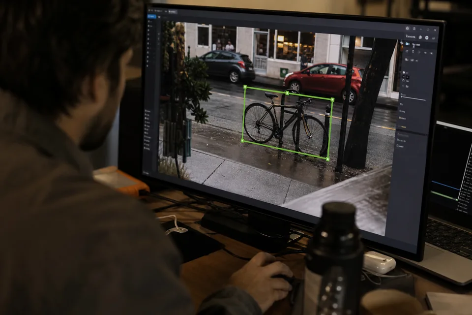 Labeler drawing a rectangle around a bicycle on a street photo on a large monitor