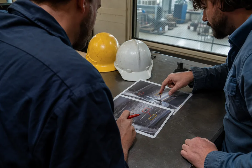 Two reviewers at a factory meeting table comparing printed labeled images of defects