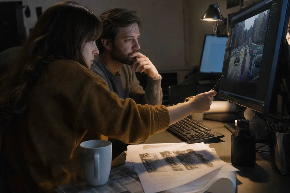 Two people at one desk reviewing AI drawn object outlines on a street photo, one pointing at an outline on the monitor