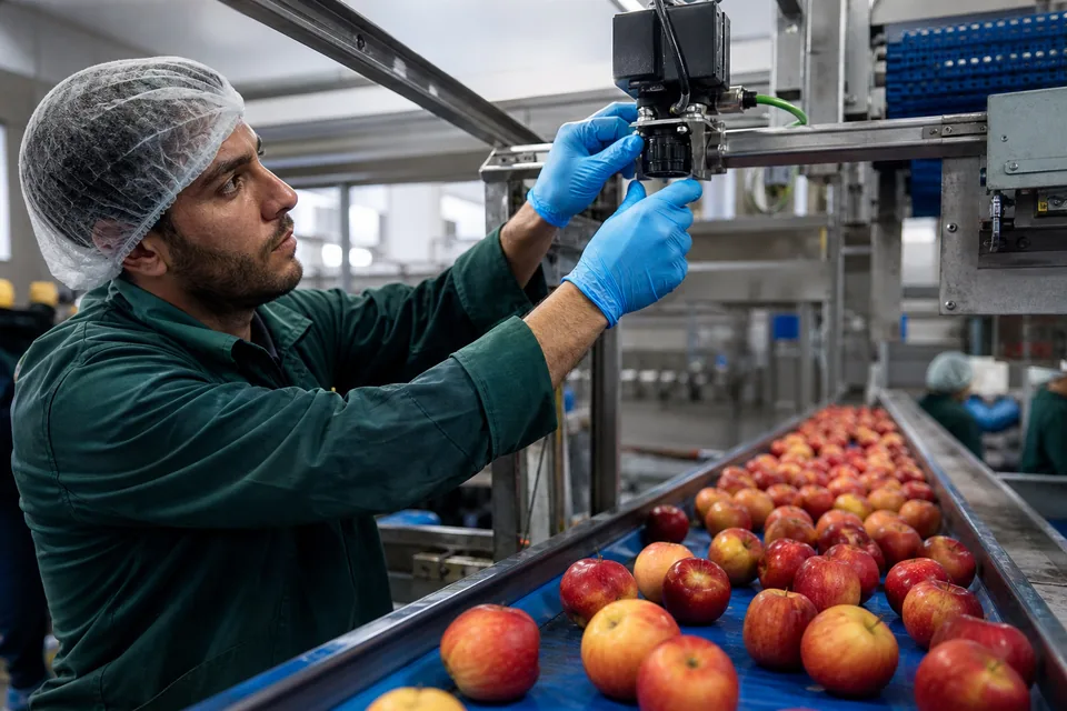 Technician adjusting an industrial camera mounted above a fruit conveyor in a packing plant