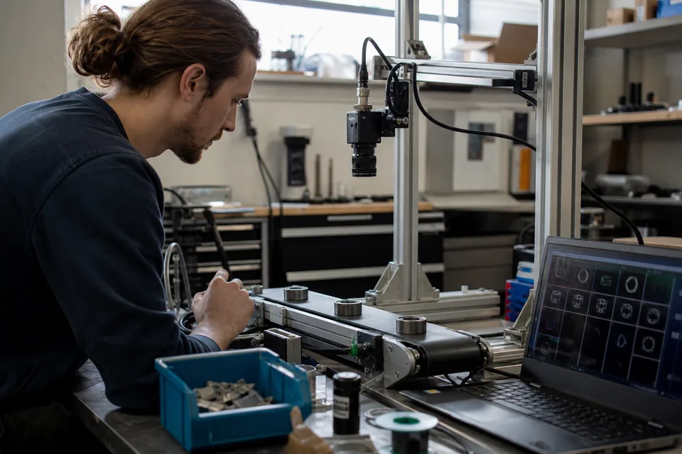 Robotics engineer next to a camera rig on a workbench, laptop showing labeled images and an API response