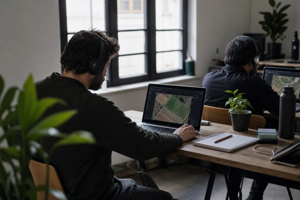 Two annotators working on laptops at a shared table in a quiet coworking room, labeling aerial field photos