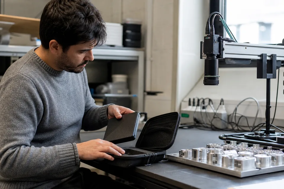 Engineer unpacking a hard drive and a box of sample metal parts on a lab bench before uploading the photos