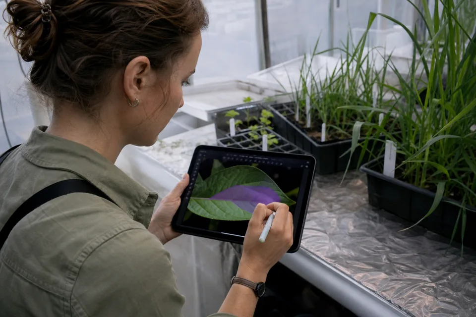 Researcher tracing a mask over leaves of a plant on a tablet with a stylus next to a potted crop sample