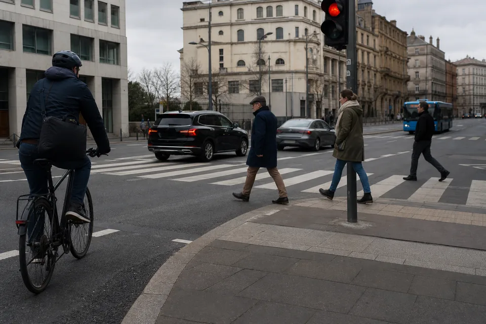 City crossing with cars, a cyclist, pedestrians on a zebra crossing and a traffic light