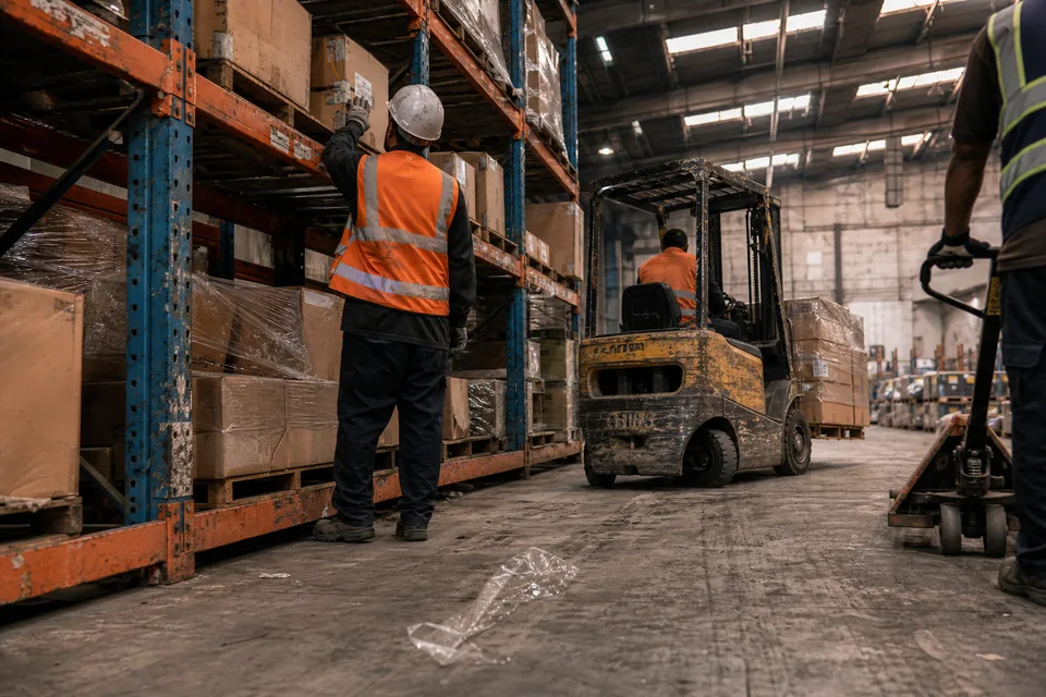 Pallet rack in a logistics warehouse with cardboard boxes, a forklift in the aisle and a worker in a high visibility vest and hard hat