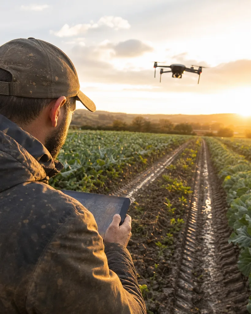 Drone operator standing at the edge of a crop field holding a tablet with a drone in the air above the rows
