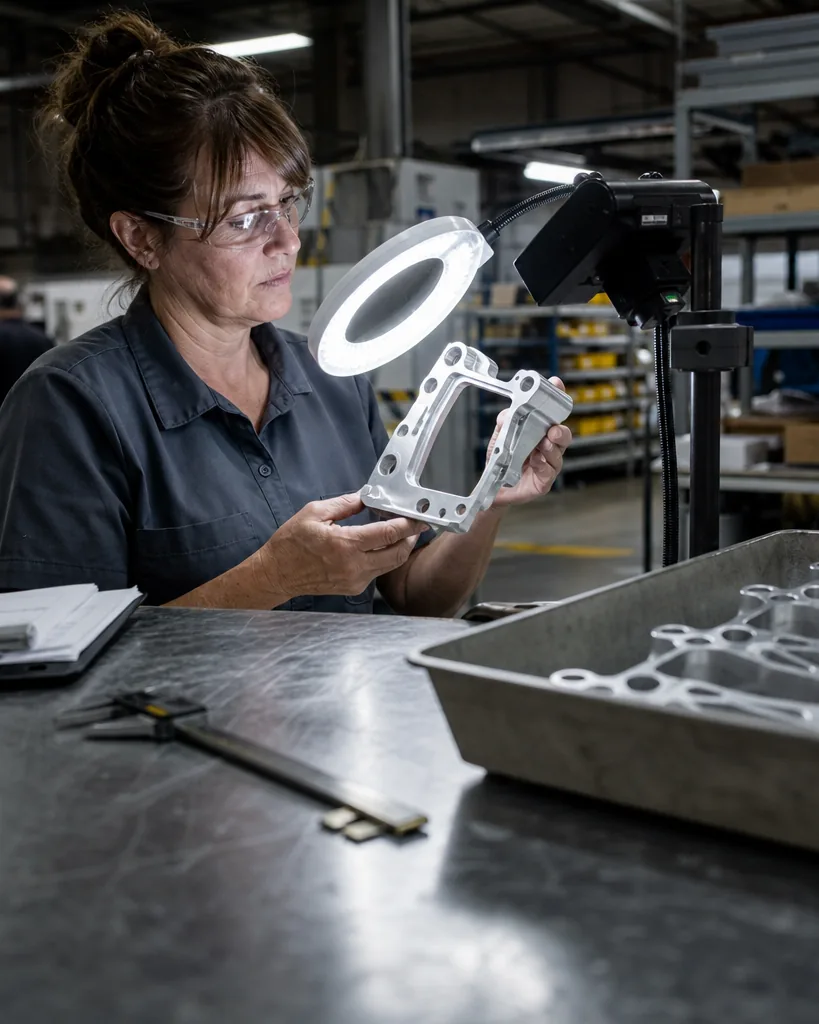 Quality inspector examining a machined metal part under a ring light at a factory inspection station