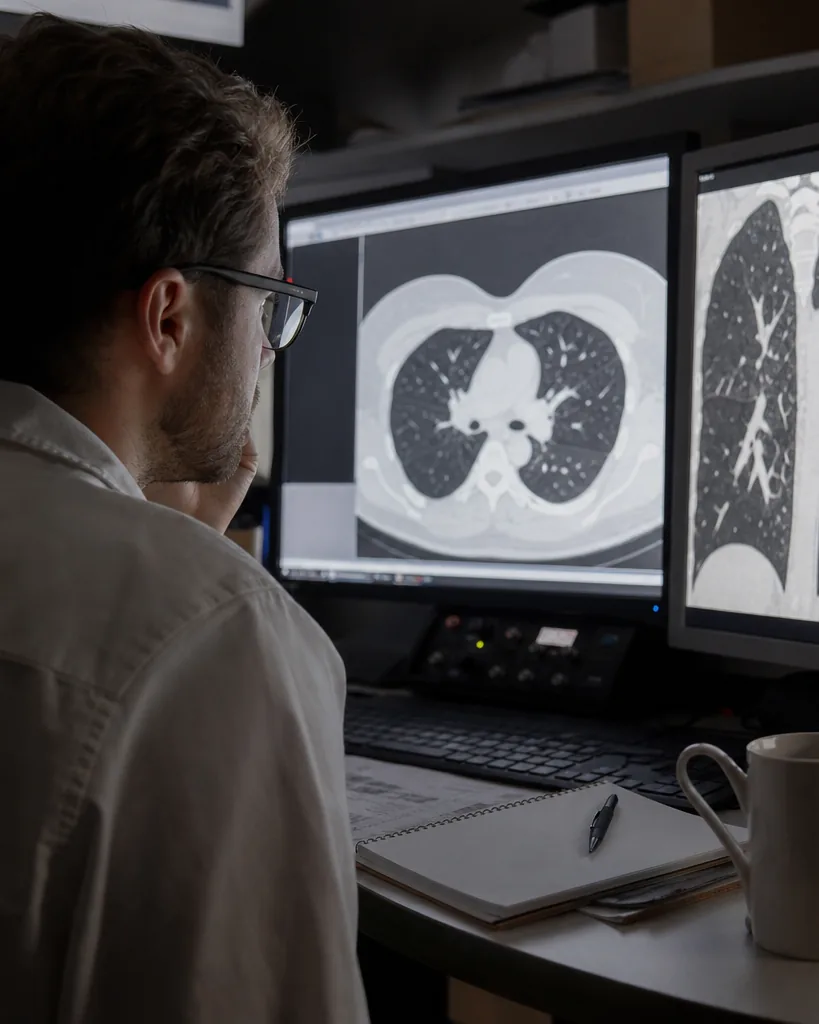 Radiology researcher reviewing scan images on two monitors in a dim reading room