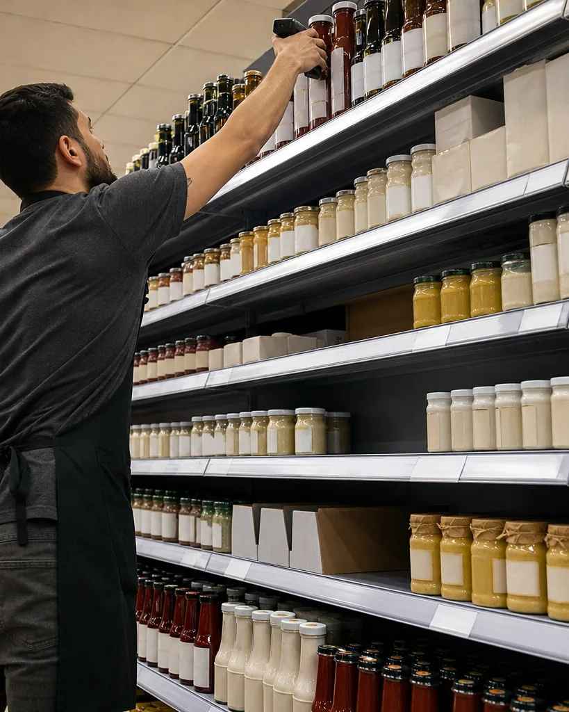 Supermarket shelf filled with bottles and boxes, photographed close from the aisle with a shelf label strip