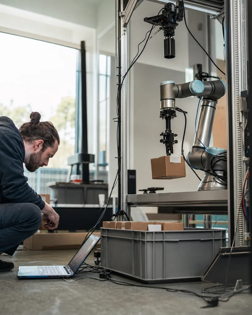 Robot arm with a camera picking a box from a tote in a robotics lab while an engineer kneels beside it