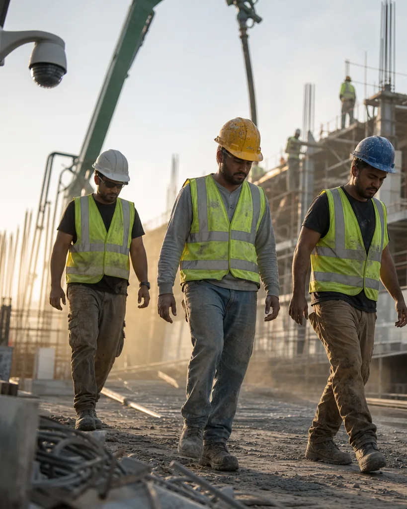 Construction workers in hard hats and high visibility vests walking past a site camera on a pole